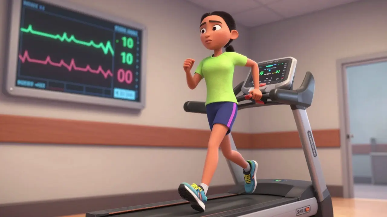 3D animated scene of a patient exercising on a treadmill during a cardiac stress test.