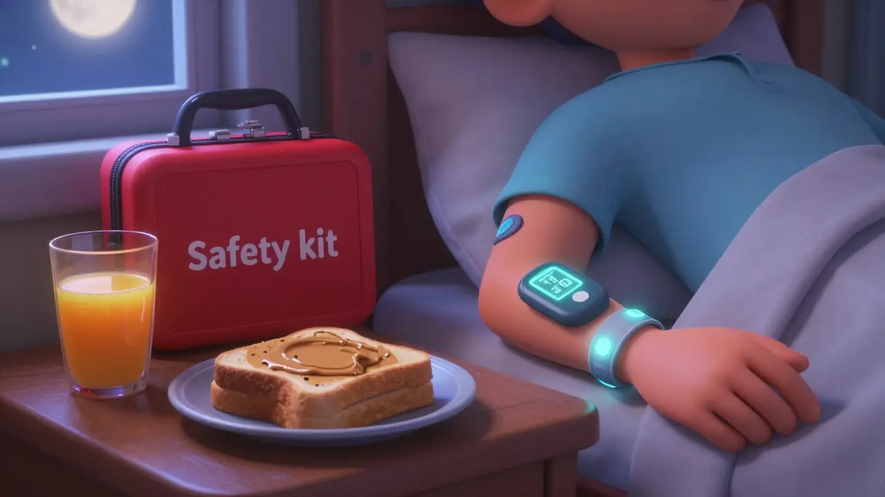 A bedside table with a CGM sensor, medical ID bracelet, and a balanced snack.