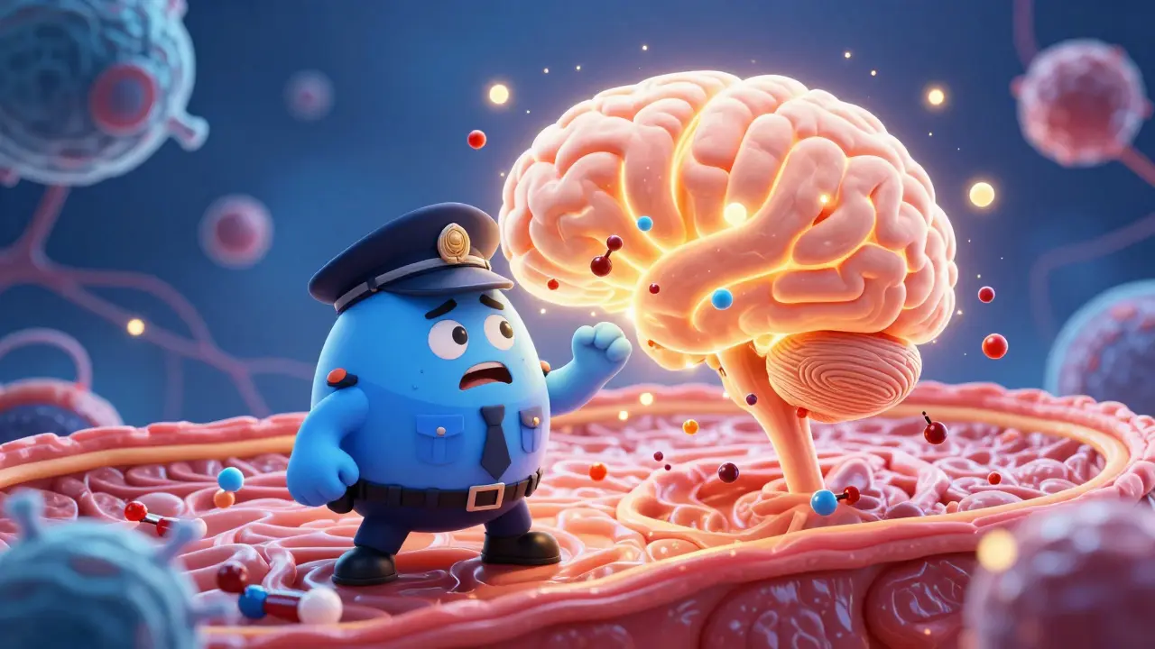 A cartoon security protein overwhelmed by a flood of molecules entering a glowing brain.