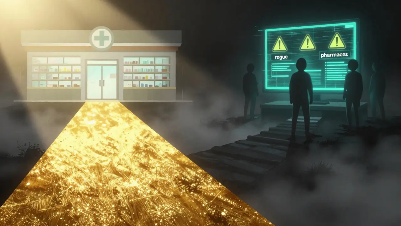 A conceptual image showing a safe path to a pharmacy versus a dangerous path to a rogue website.