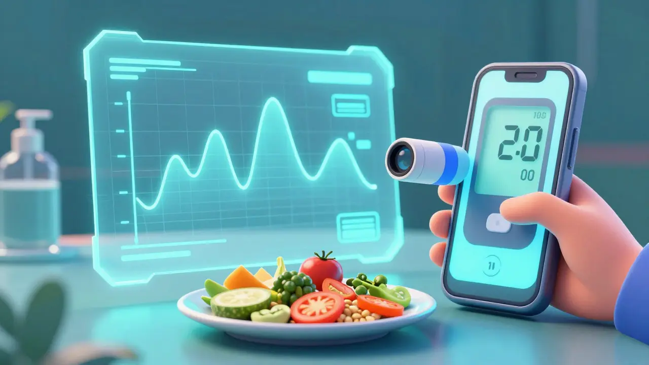 A digital glucose monitor and a smartphone scanning a healthy meal