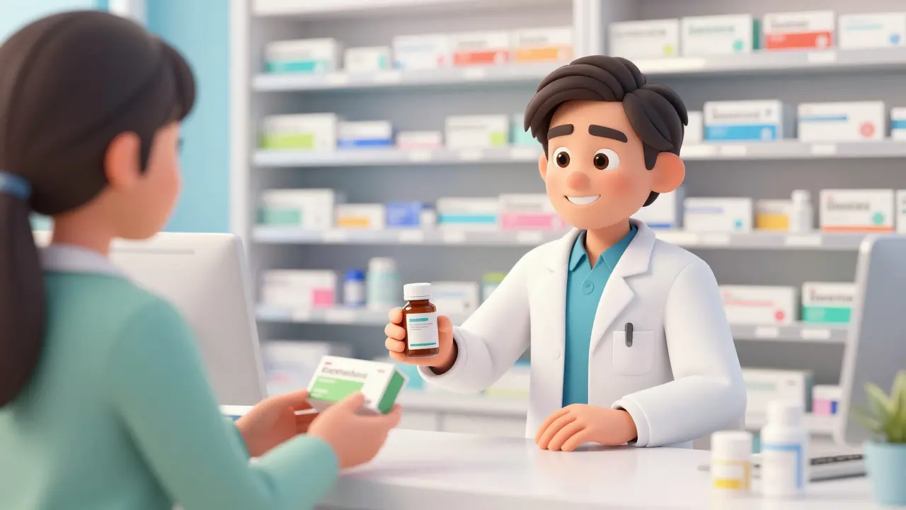 A friendly pharmacist handing a prescription medication bottle to a customer in a bright pharmacy.
