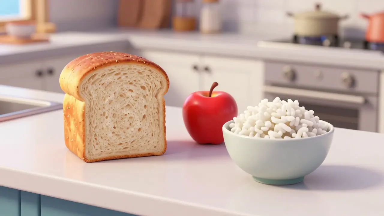 A slice of whole-grain bread, a small apple, and a bowl of rice on a kitchen counter