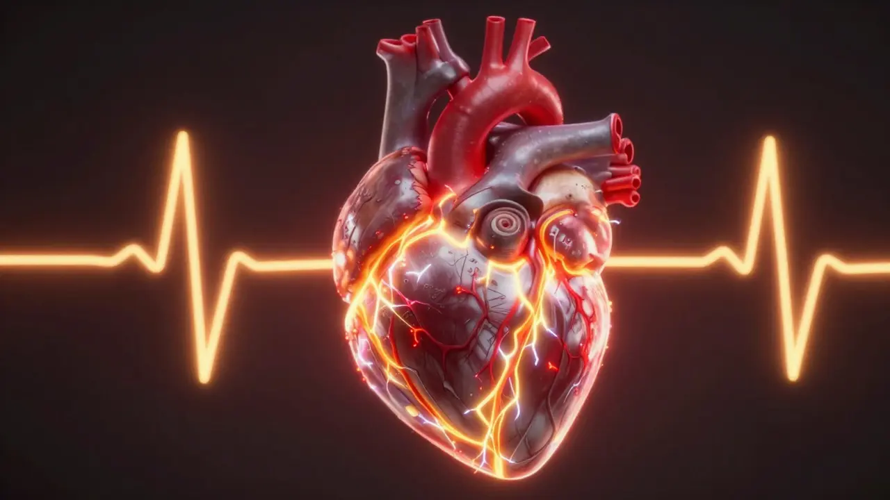 A stylized glowing heart with jagged, sparking electrical lines indicating an arrhythmia.