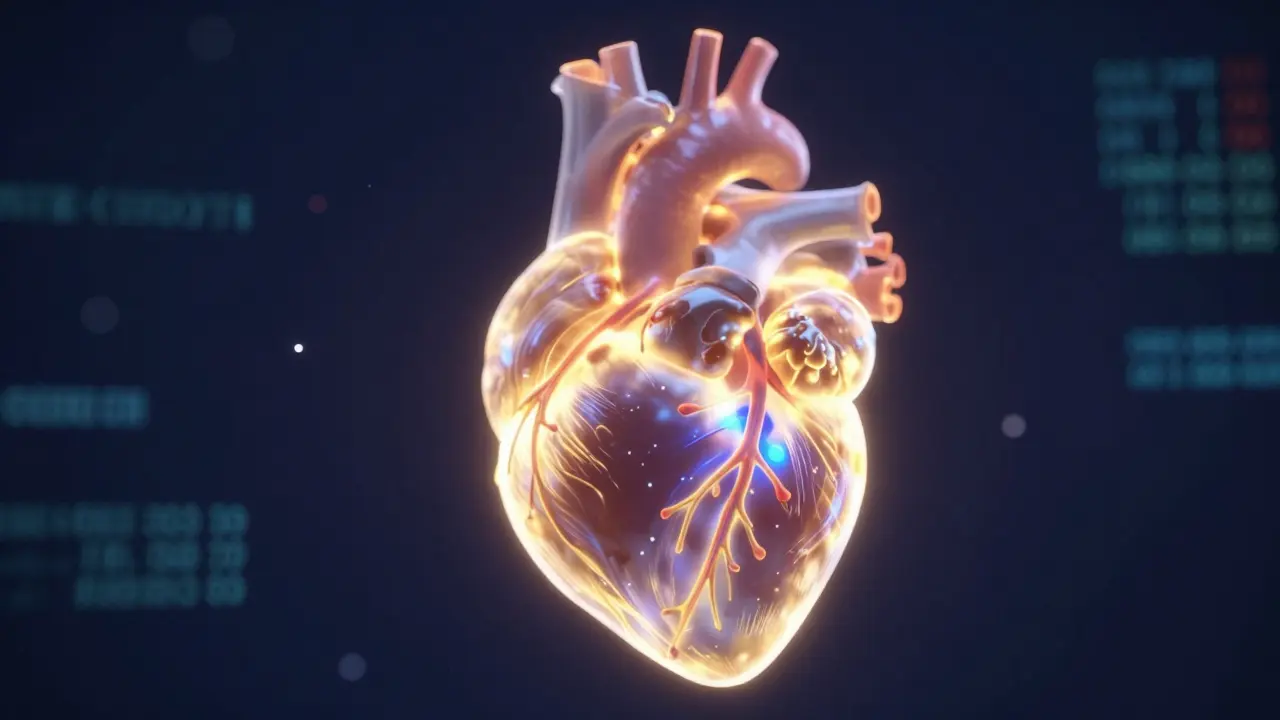Conceptual 3D image of a glowing heart with a blue cold spot indicating a blockage.