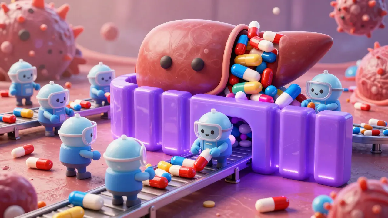 Cute enzyme characters in a liver struggling to clear a pile of colorful pills