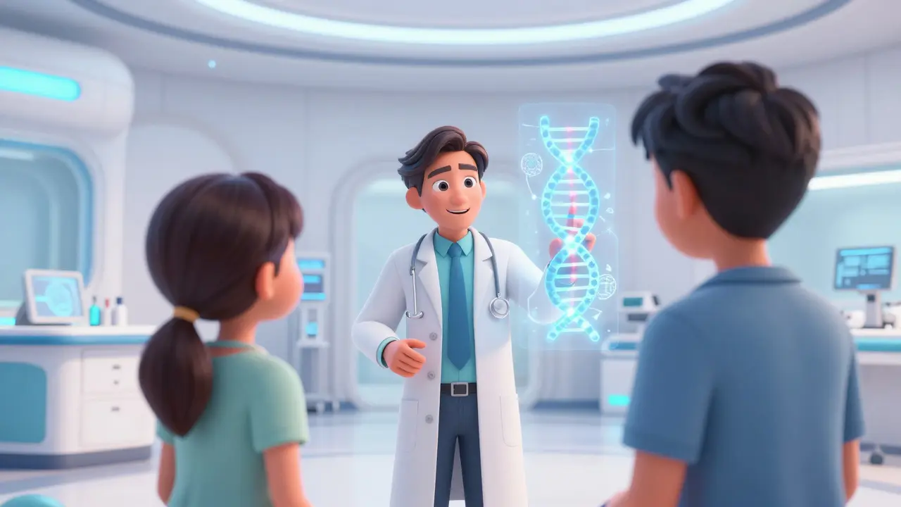 Doctor and patient viewing a holographic DNA strand in a futuristic clinic