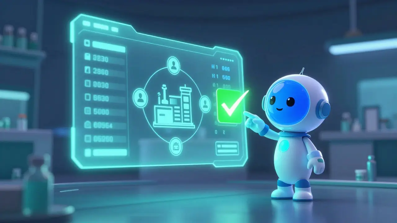Futuristic holographic interface using AI to verify medication lot numbers.
