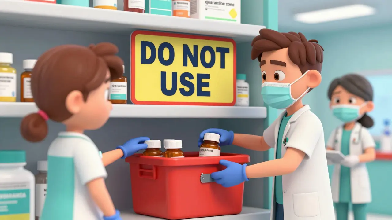 Pharmacy staff placing recalled medications into a secure red quarantine bin.