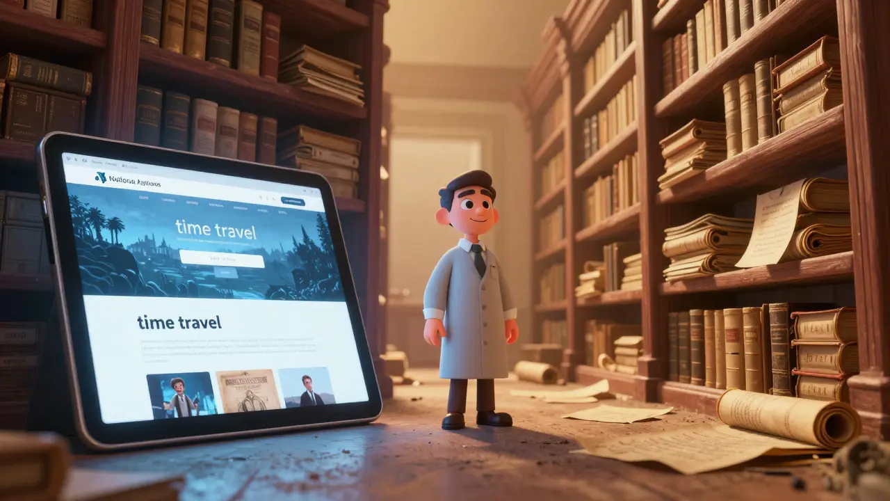 Visual transition from a modern digital tablet to an old paper archive library.